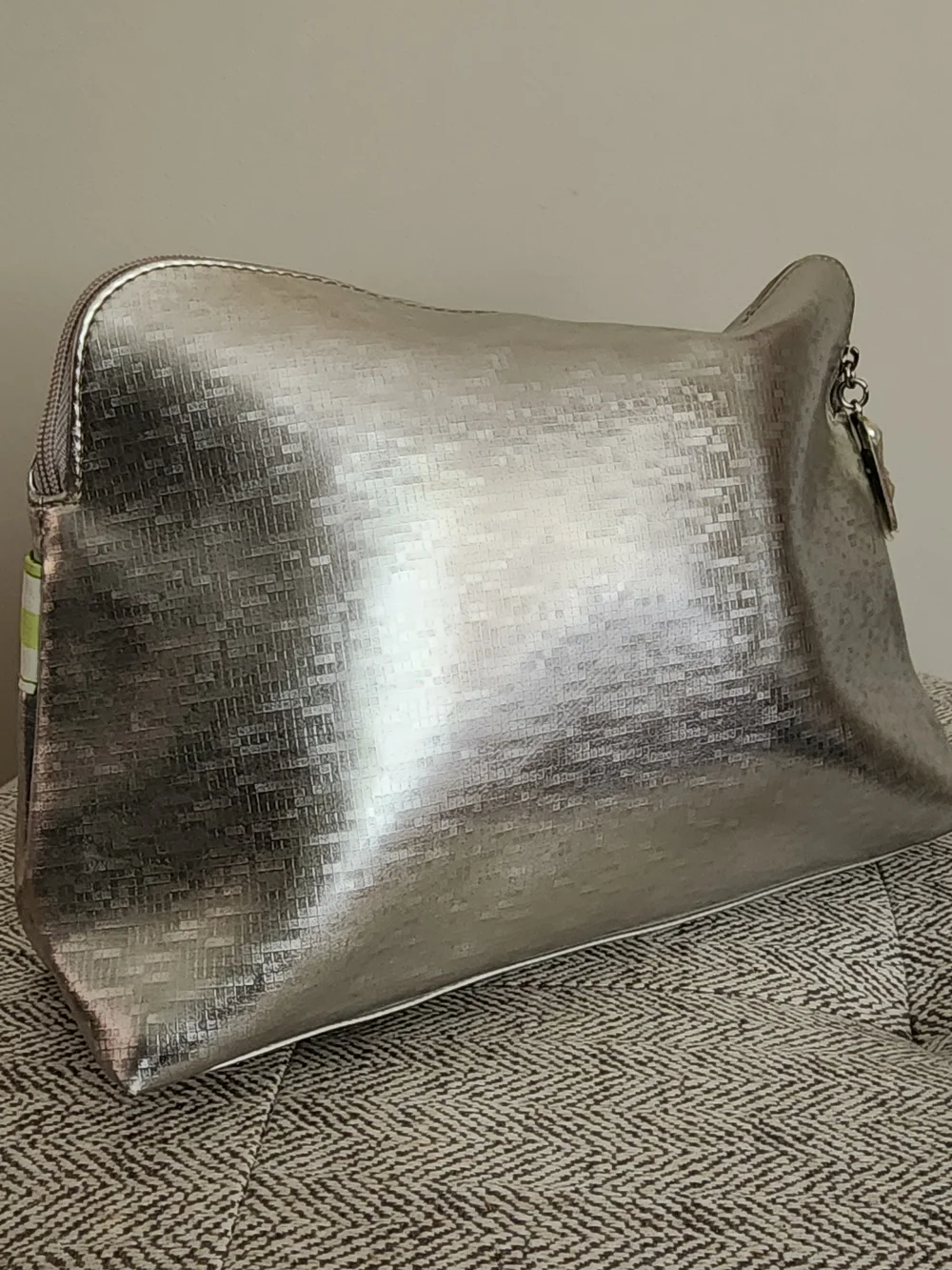 NWT Clinique Silver Metallic Large Cosmetic Pouch with Green Geometric Accent